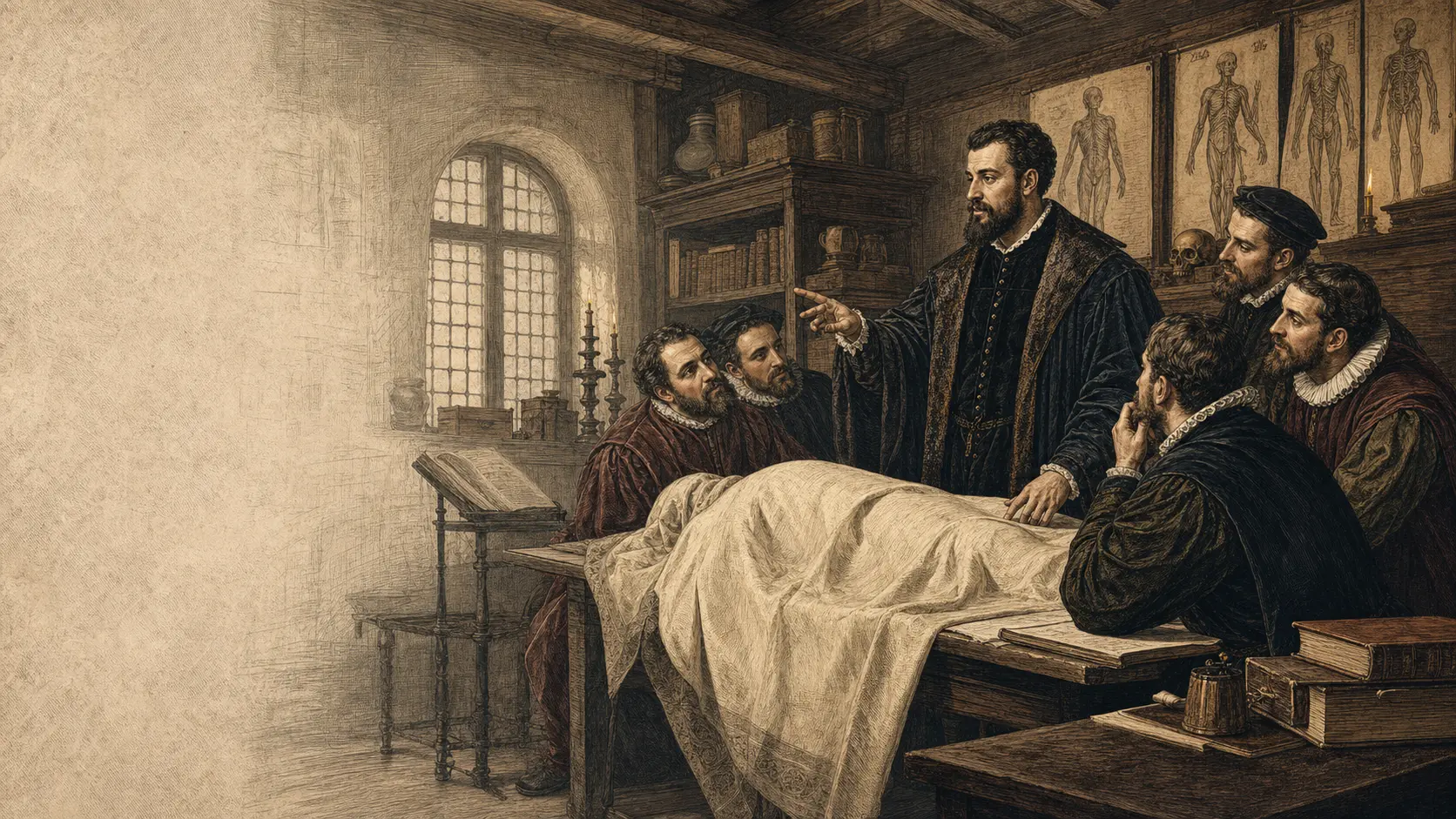 A period-inspired illustration of a Renaissance physician teaching in an anatomy theatre