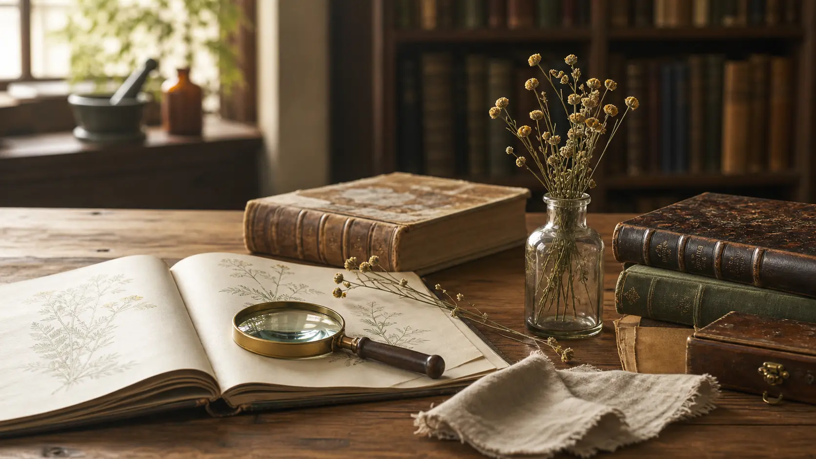 Old medical books, botanical notes, a magnifying glass, and dried plants on a reading-room table