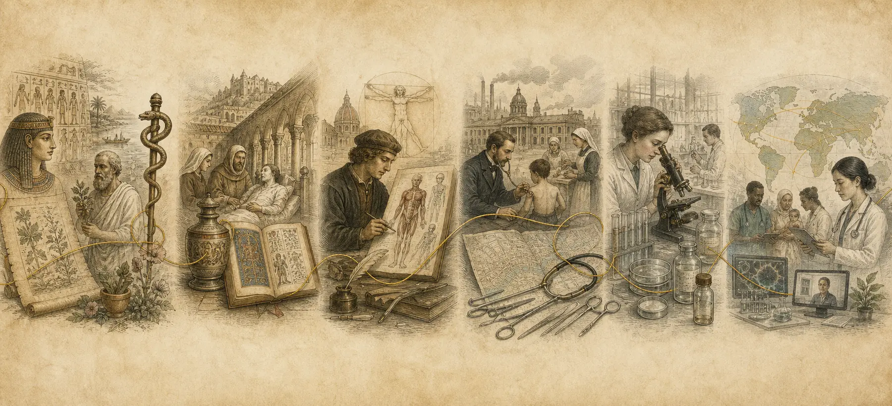 An engraved panorama of six eras in medical history, from ancient healing to global modern medicine